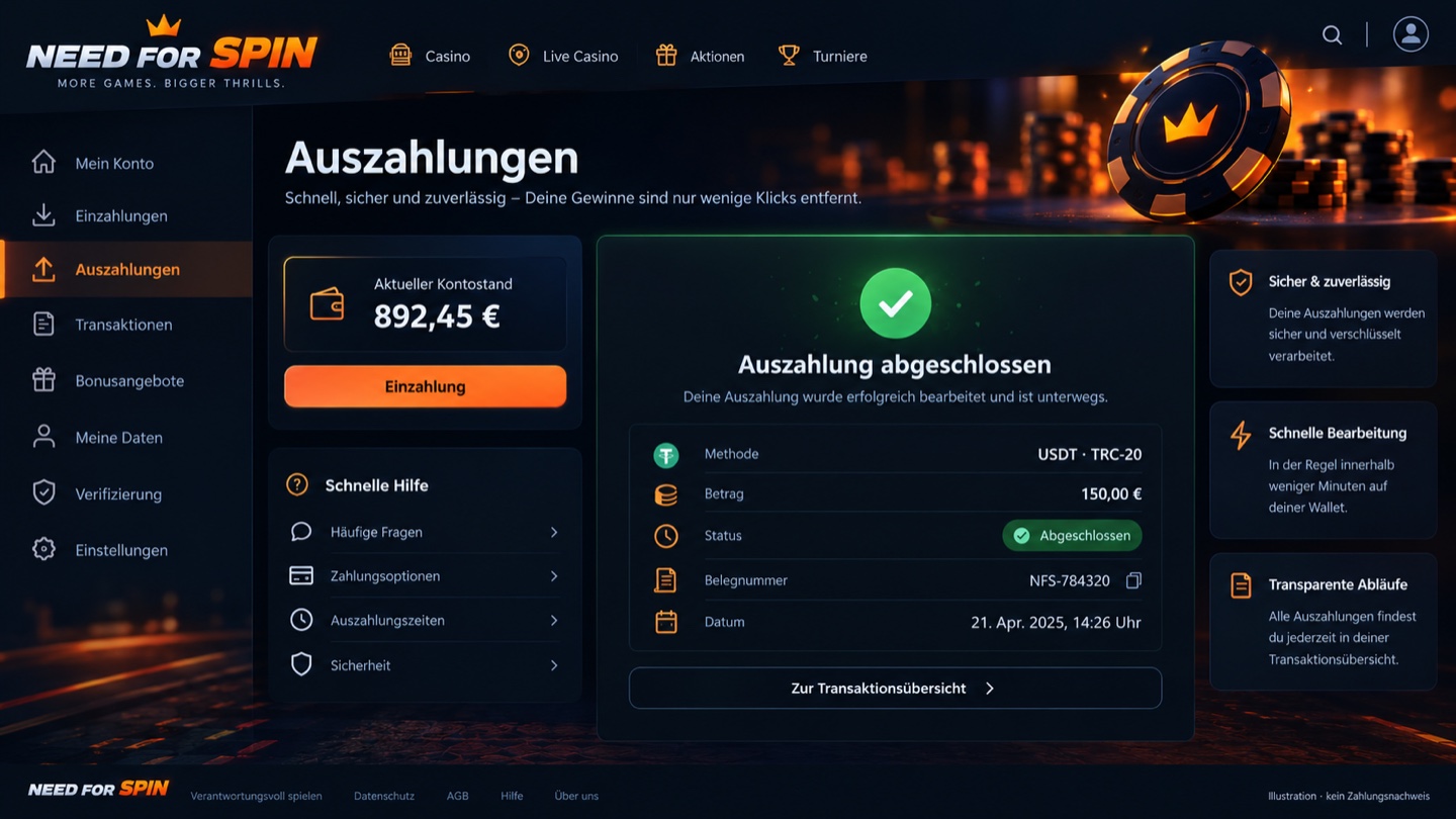 Illustration eines Need For Spin-Kundenkontos mit abgeschlossener Auszahlung