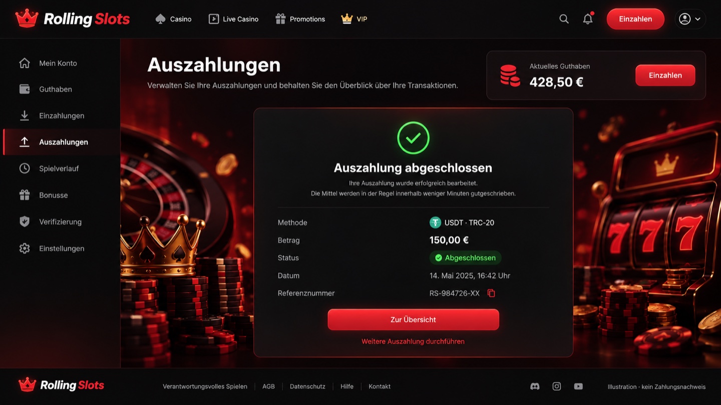 Illustration eines Rolling Slots-Kundenkontos mit abgeschlossener Auszahlung