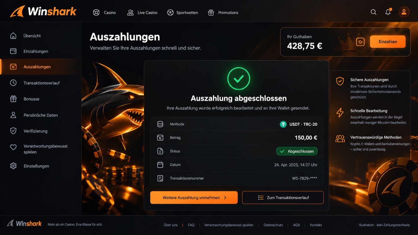 Illustration eines Winshark-Kundenkontos mit abgeschlossener Auszahlung